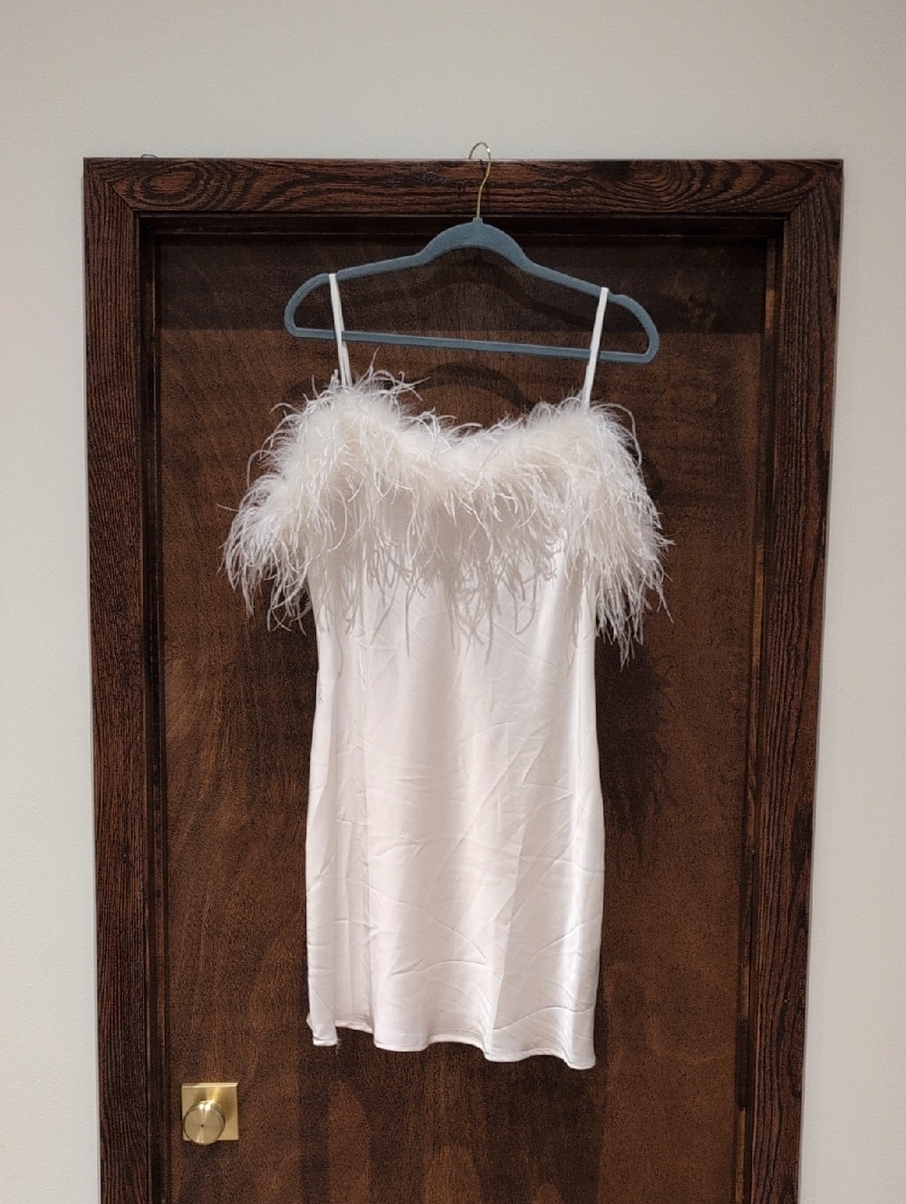 White Feather Trim Satin Mini Dress